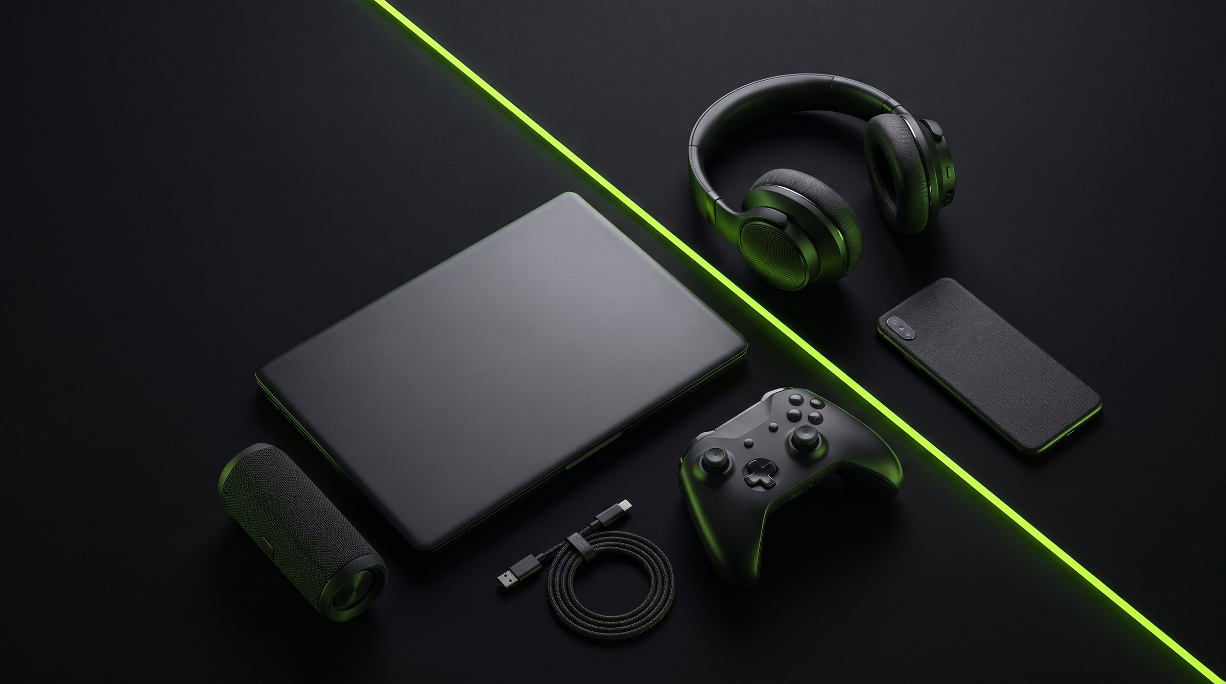A laptop, headphones, phone, controller, speaker and cable arranged on a black surface, cut across by a single line of lime green light