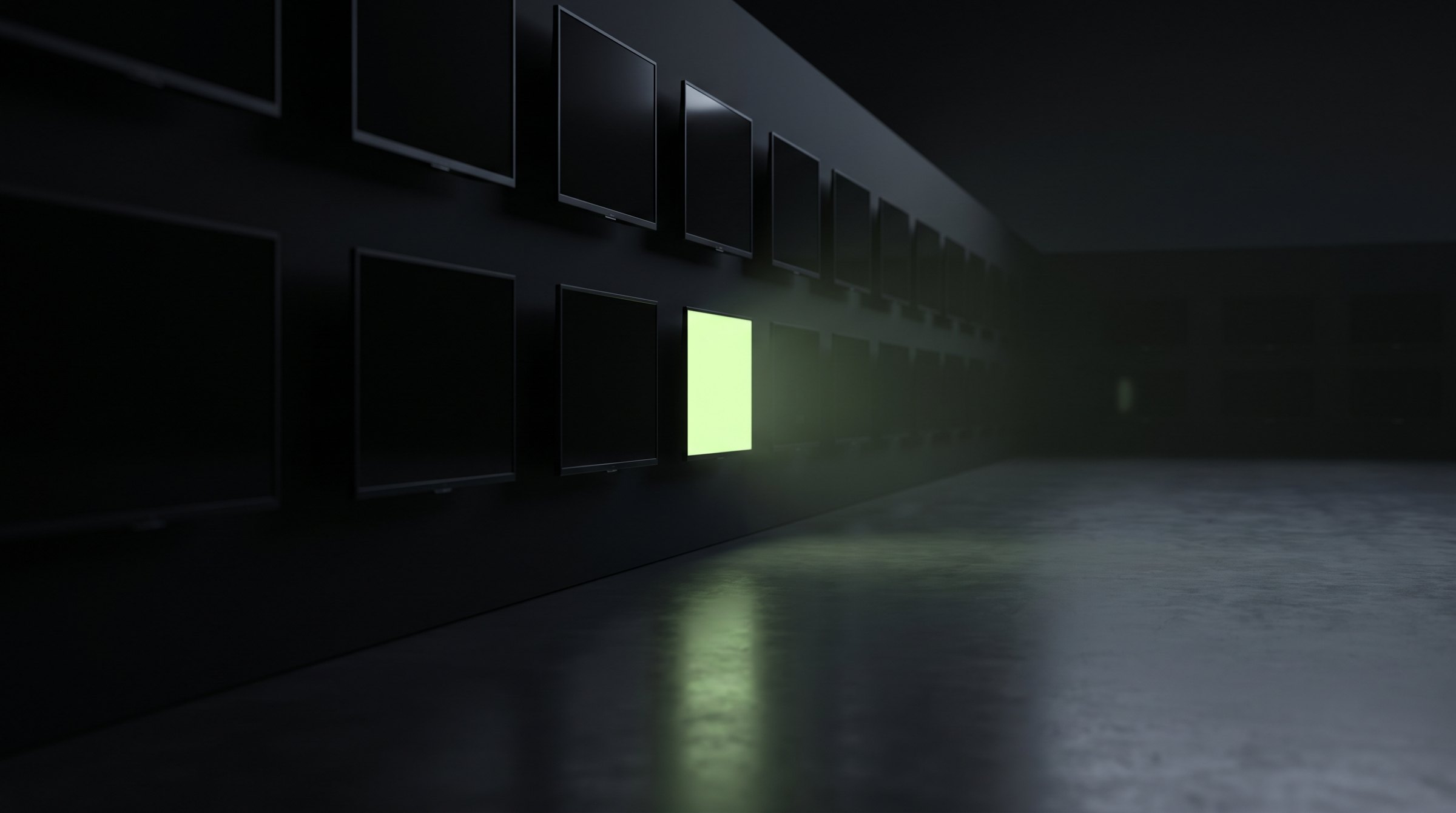 A dark showroom at night, a long wall of switched off televisions receding into shadow with a single panel glowing lime green