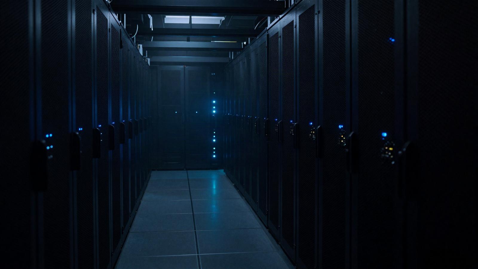 A dark server room corridor at night with rows of equipment racks and small blue indicator lights