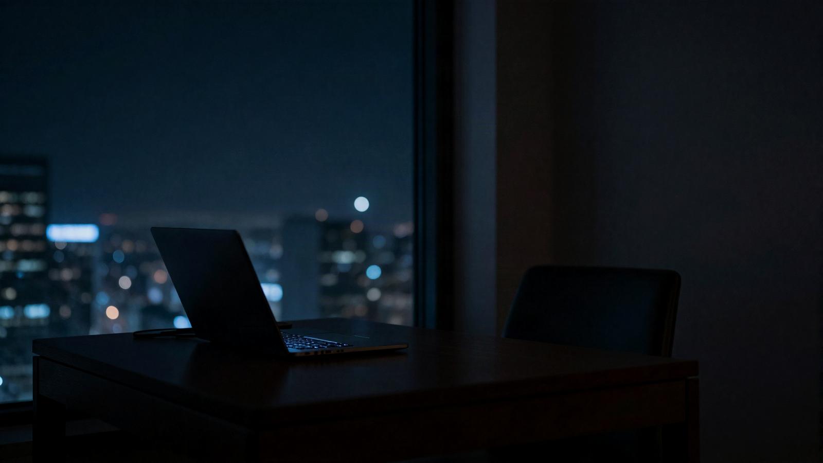 A laptop open on a hotel room desk at night, a blurred city skyline through the window behind it